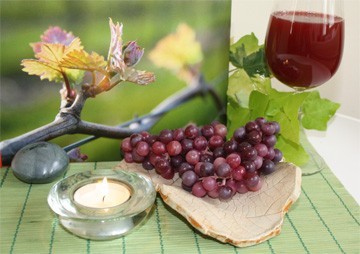 uitbottende wijnstok, druiven en wijn en lichtje