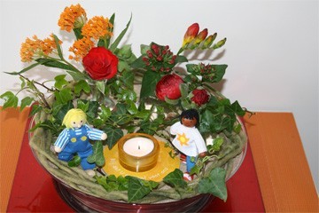 warm lopen voor 2, in pinksterdecor, glazen schaal warm lopen voor 2, in pinksterdecor, glazen schaal